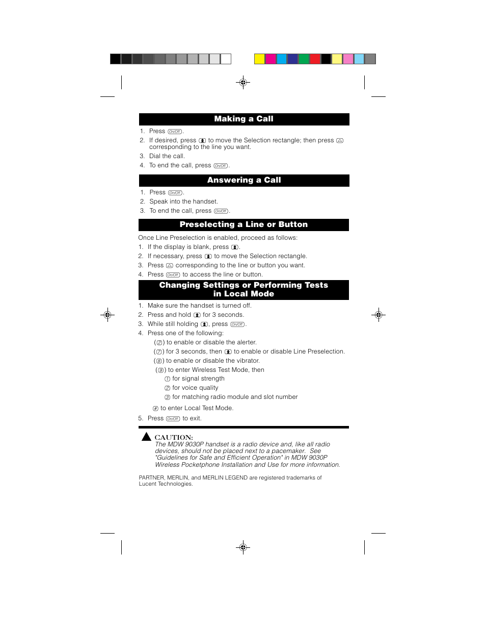 Making a call, Answering a call, Preselecting a line or button | Lucent Technologies MDW 9030P User Manual | Page 5 / 5