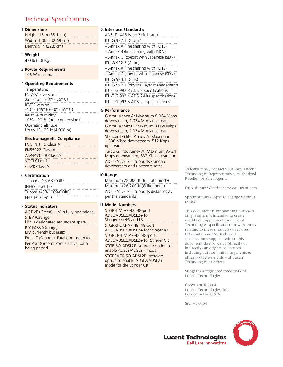Technical specifications | Lucent Technologies Stinger STGR-SO-ADSL2P User Manual | Page 2 / 2
