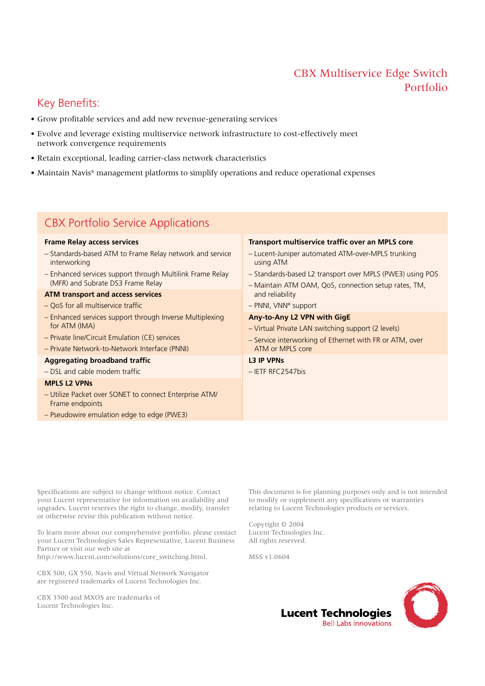 Cbx portfolio service applications | Lucent Technologies CBX Multiservice Edge Switch User Manual | Page 4 / 4