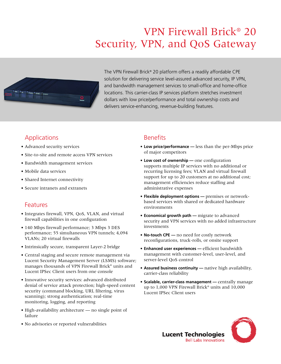 Lucent Technologies VPN Firewall Brick 20 User Manual | 4 pages