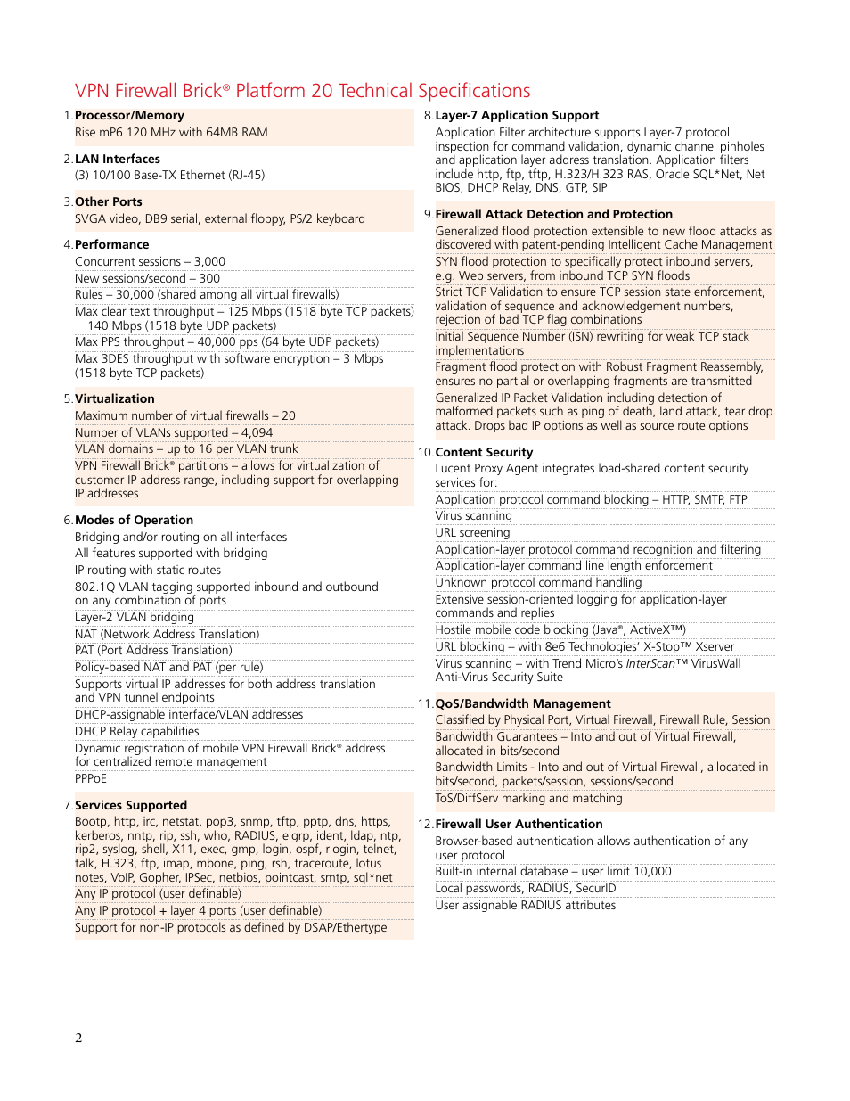Vpn firewall brick, Platform 20 technical specifications | Lucent Technologies VPN Firewall Brick 20 User Manual | Page 2 / 4