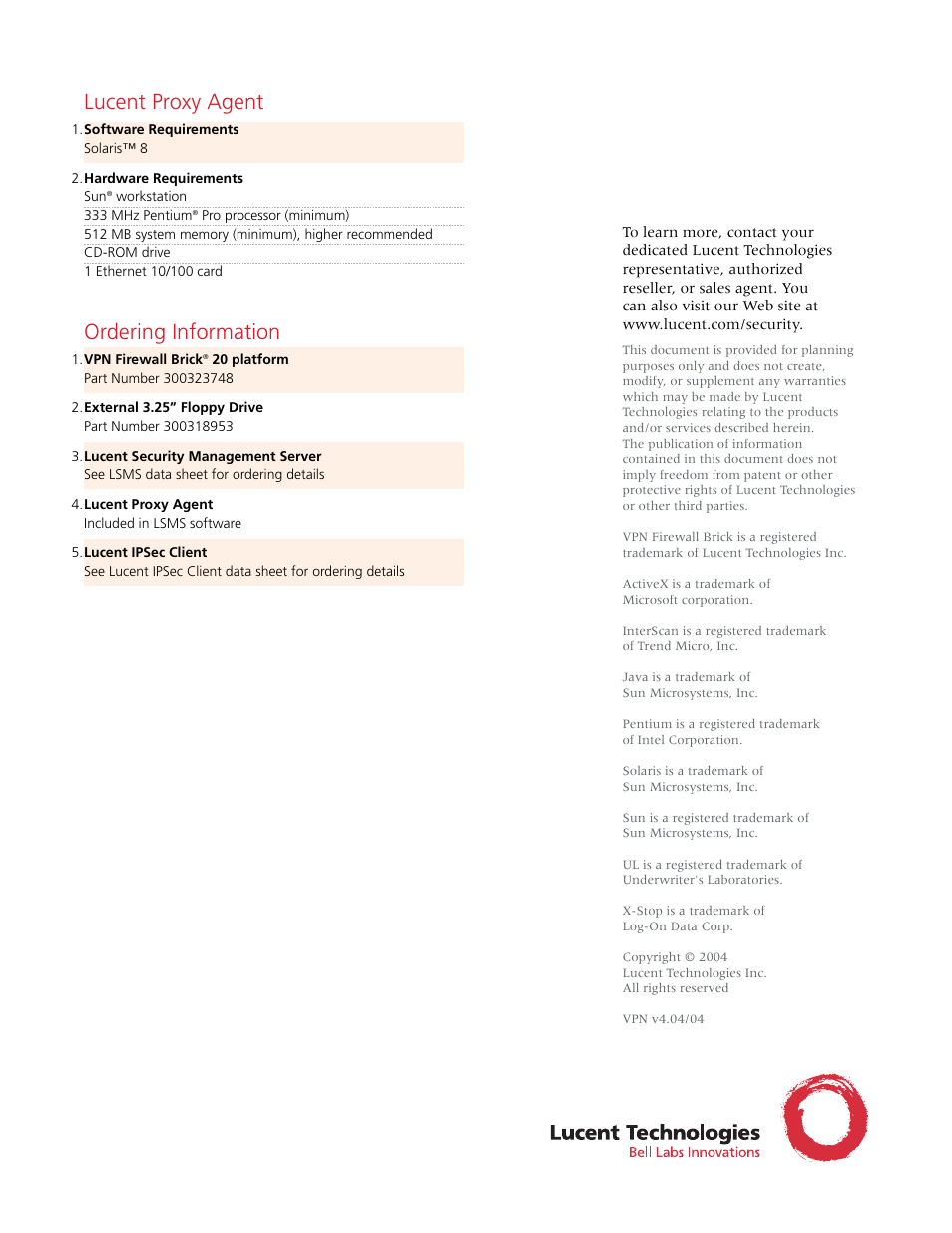 Lucent proxy agent, Ordering information | Lucent Technologies VPN Firewall Brick 20 User Manual | Page 4 / 4