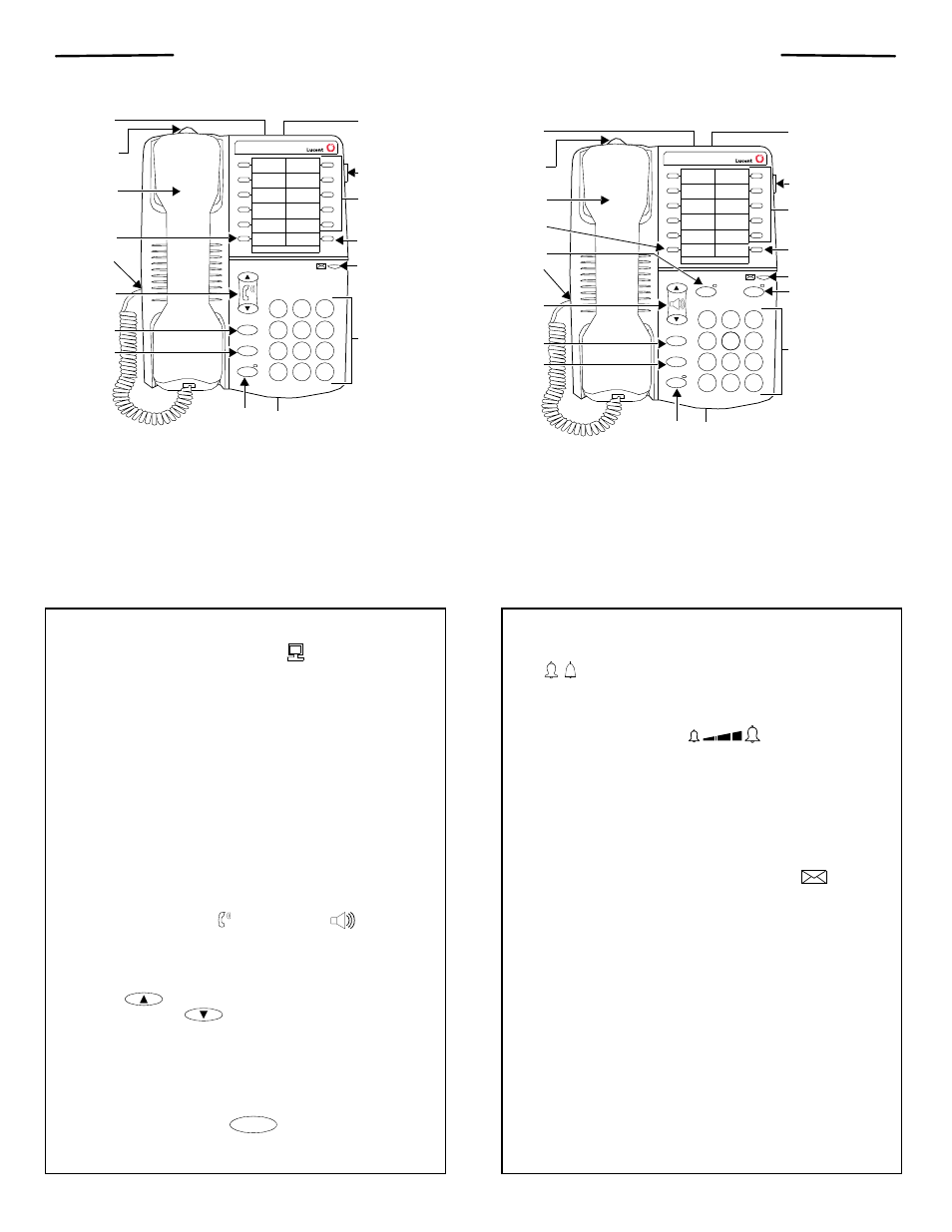 The 6218 and 6220 telephones, Data jack, Handset parking tab | Handset, Program button, Mute button (on the 6220 only), Handset cord jack, Handset and speakerphone volume control, Flash button, Redial button | Lucent Technologies 6220 User Manual | Page 3 / 8