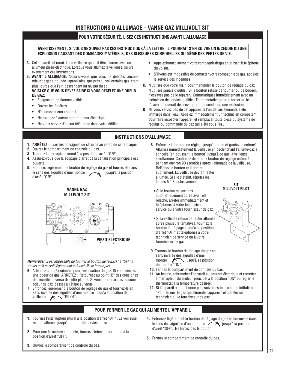 Instructions d’allumage – vanne gaz millivolt sit, Instructions d'allumage, Pour fermer le gaz qui alimente l’appareil | Lucent Technologies MPB-33 User Manual | Page 21 / 28