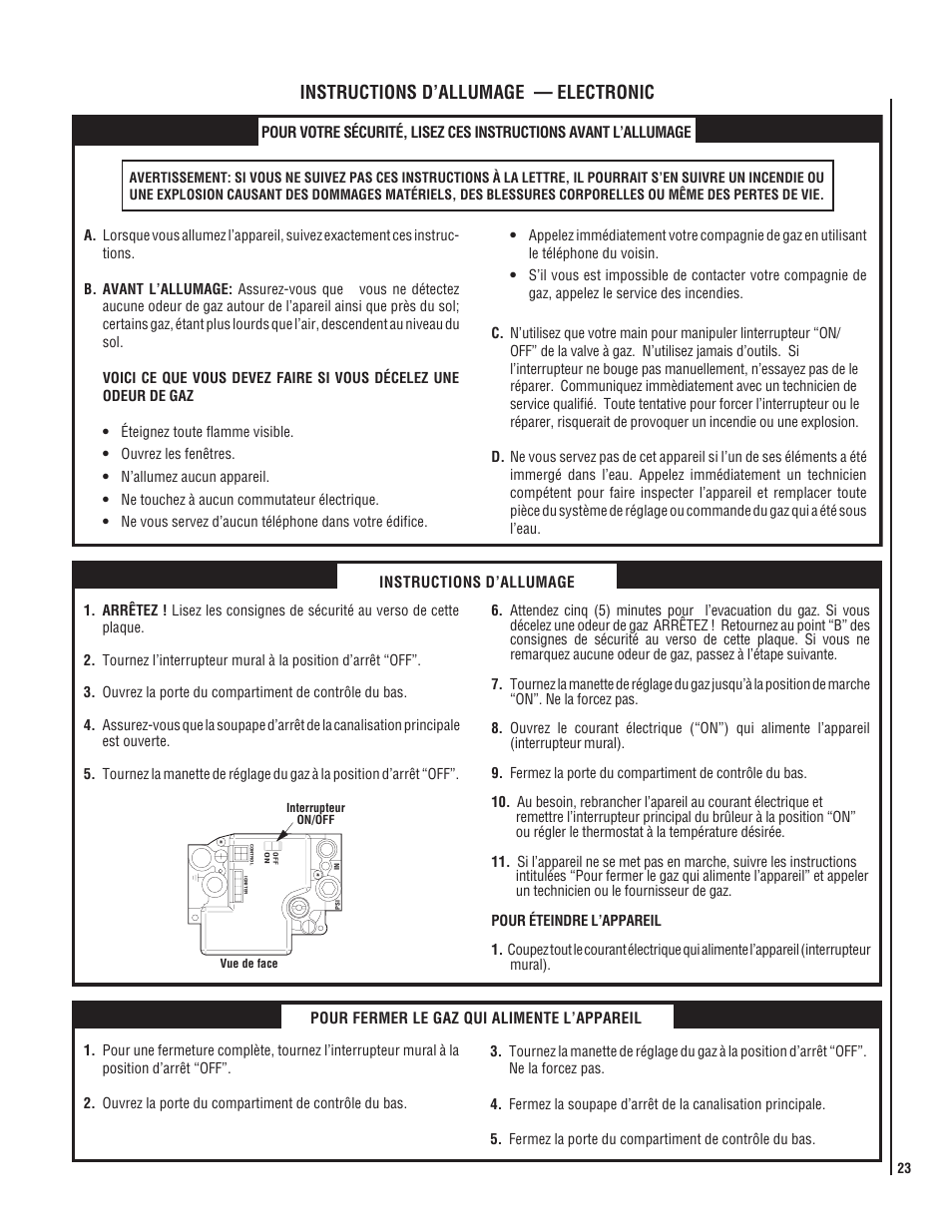 Instructions d’allumage — electronic, Pour fermer le gaz qui alimente l’appareil | Lucent Technologies MPB-33 User Manual | Page 23 / 28