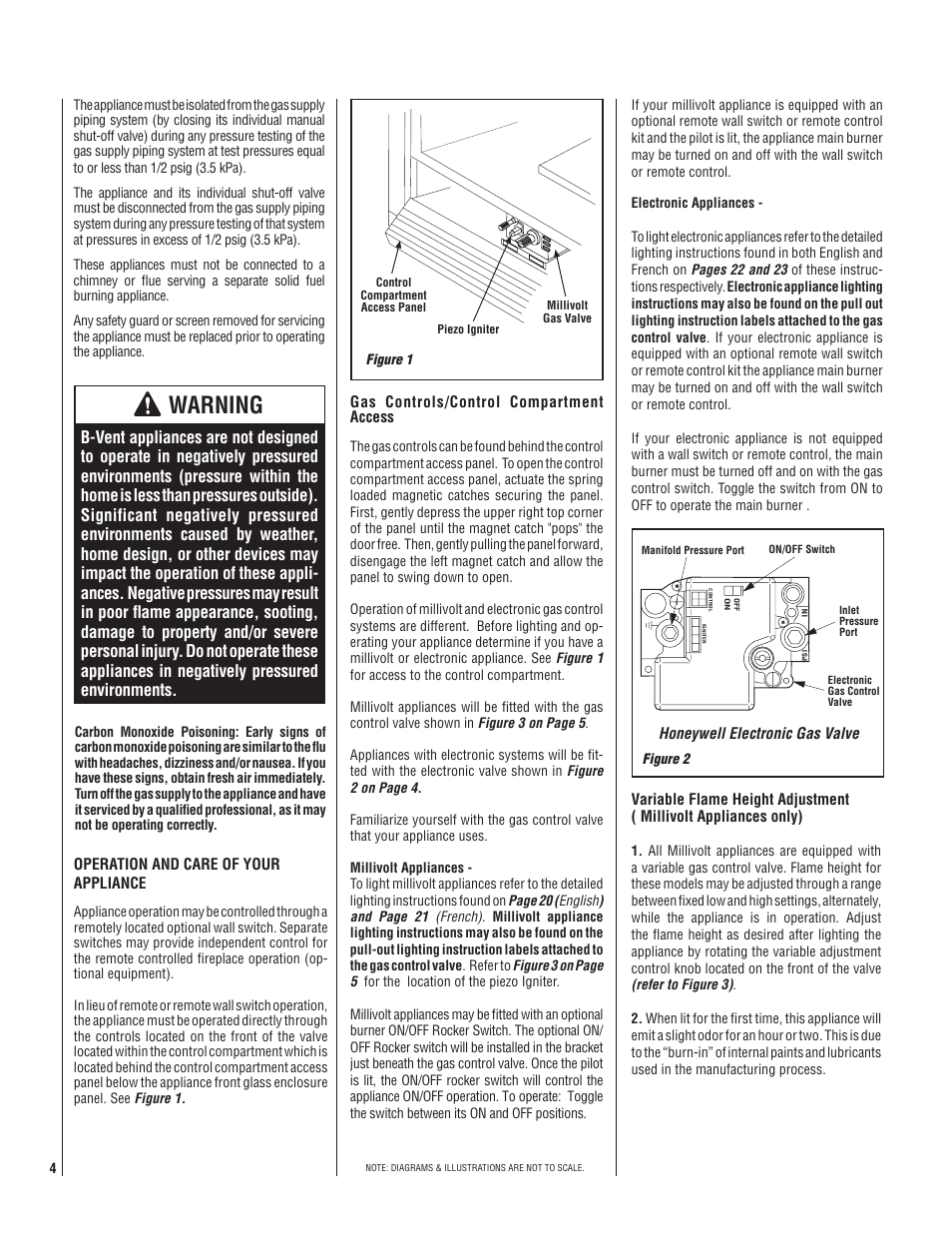 Warning, Honeywell electronic gas valve, Operation and care of your appliance | Gas controls/control compartment access | Lucent Technologies MPB-33 User Manual | Page 4 / 28