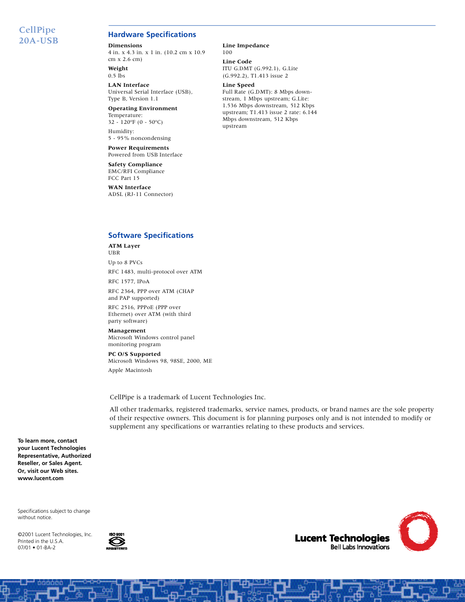 Cellpipe 2 0 a - u s b | Lucent Technologies 20A-USB User Manual | Page 2 / 2