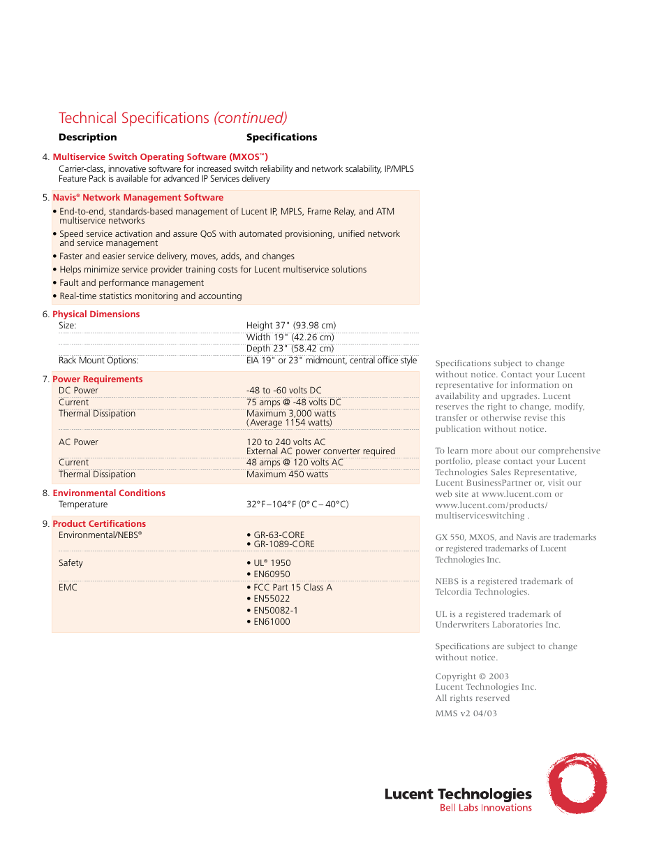 Technical specifications (continued) | Lucent Technologies GX 550 User Manual | Page 2 / 2