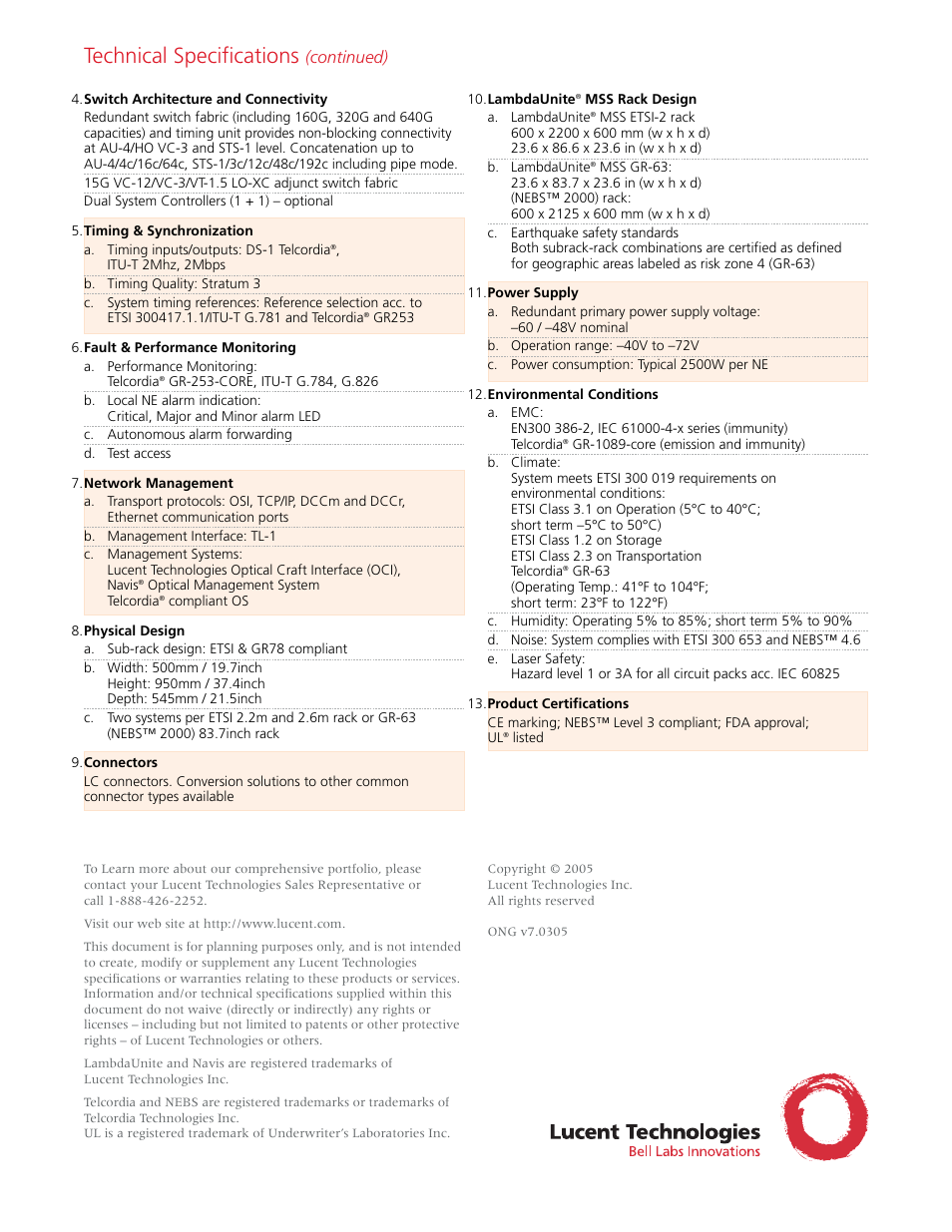Technical specifications, Continued) | Lucent Technologies LambdaUnite Multiservice Switch User Manual | Page 2 / 2