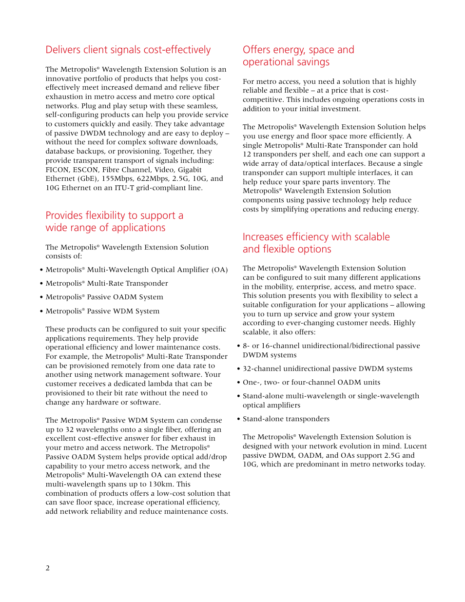Delivers client signals cost-effectively, Offers energy, space and operational savings | Lucent Technologies Wavelength Extension Solution Metropolis User Manual | Page 2 / 4
