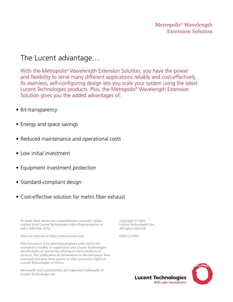 The lucent advantage | Lucent Technologies Wavelength Extension Solution Metropolis User Manual | Page 4 / 4