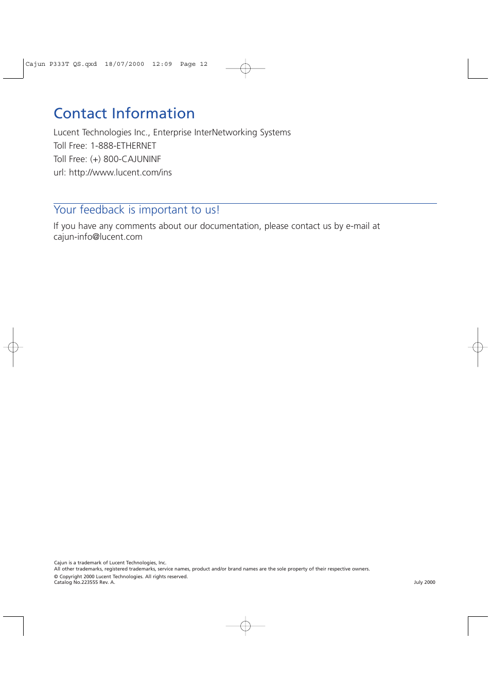 Contact information, Your feedback is important to us | Lucent Technologies P333T User Manual | Page 12 / 12