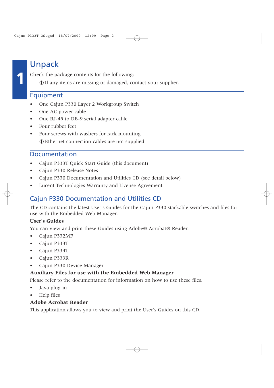 Unpack, Equipment, Documentation | Cajun p330 documentation and utilities cd | Lucent Technologies P333T User Manual | Page 2 / 12