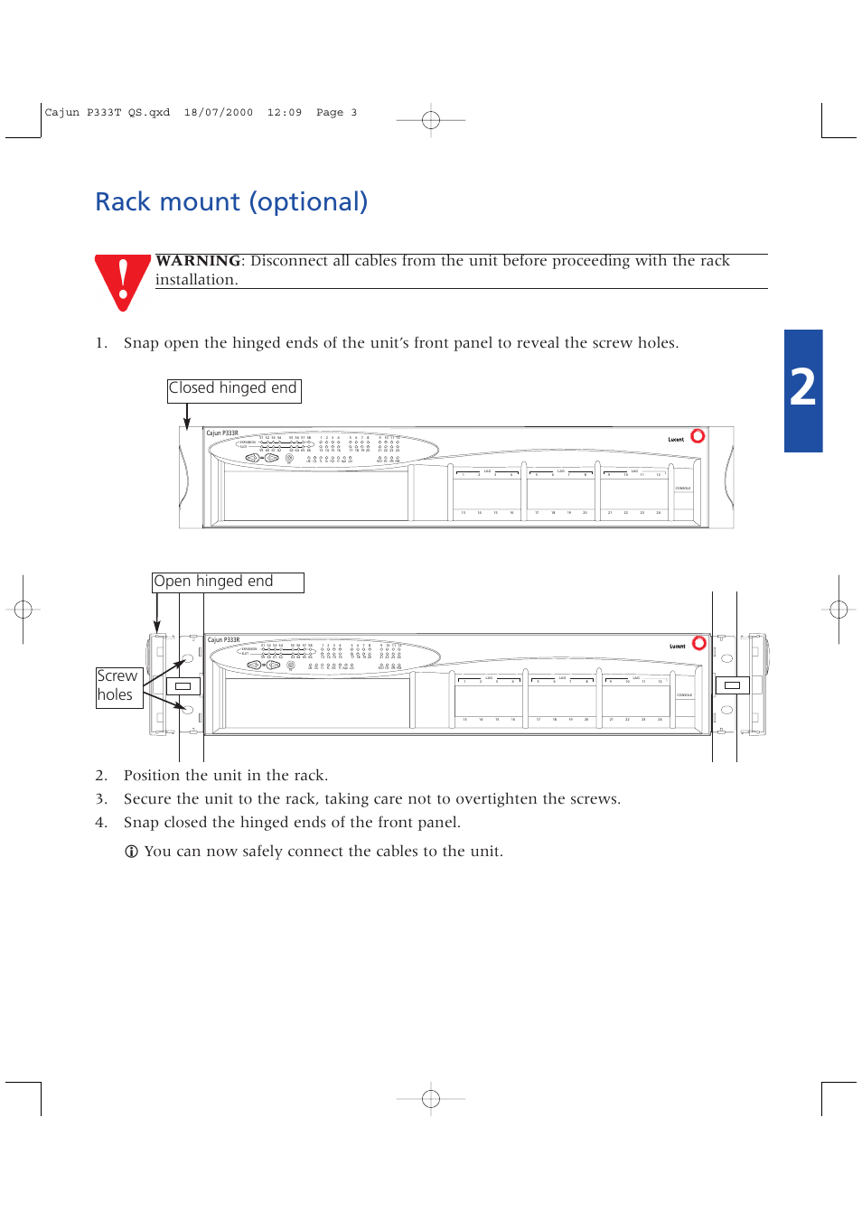 Rack mount (optional), Closed hinged end open hinged end screw holes | Lucent Technologies P333T User Manual | Page 3 / 12