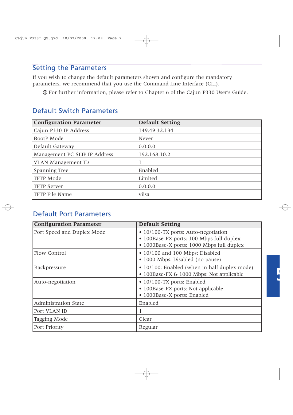 Setting the parameters, Default switch parameters default port parameters | Lucent Technologies P333T User Manual | Page 7 / 12