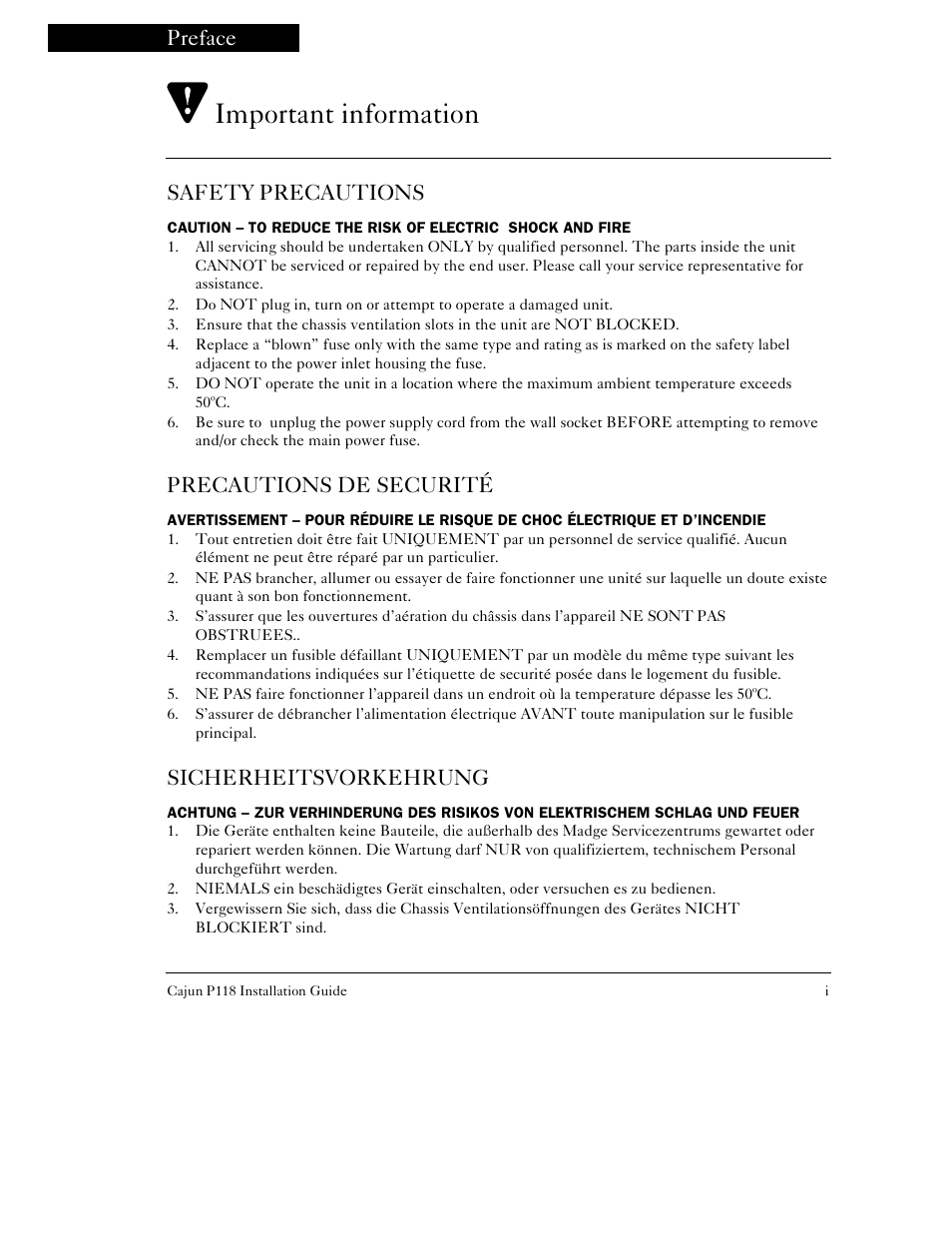 Safety precautions, Precautions de securité, Sicherheitsvorkehrung | Important information, Preface | Lucent Technologies P118SX User Manual | Page 3 / 20