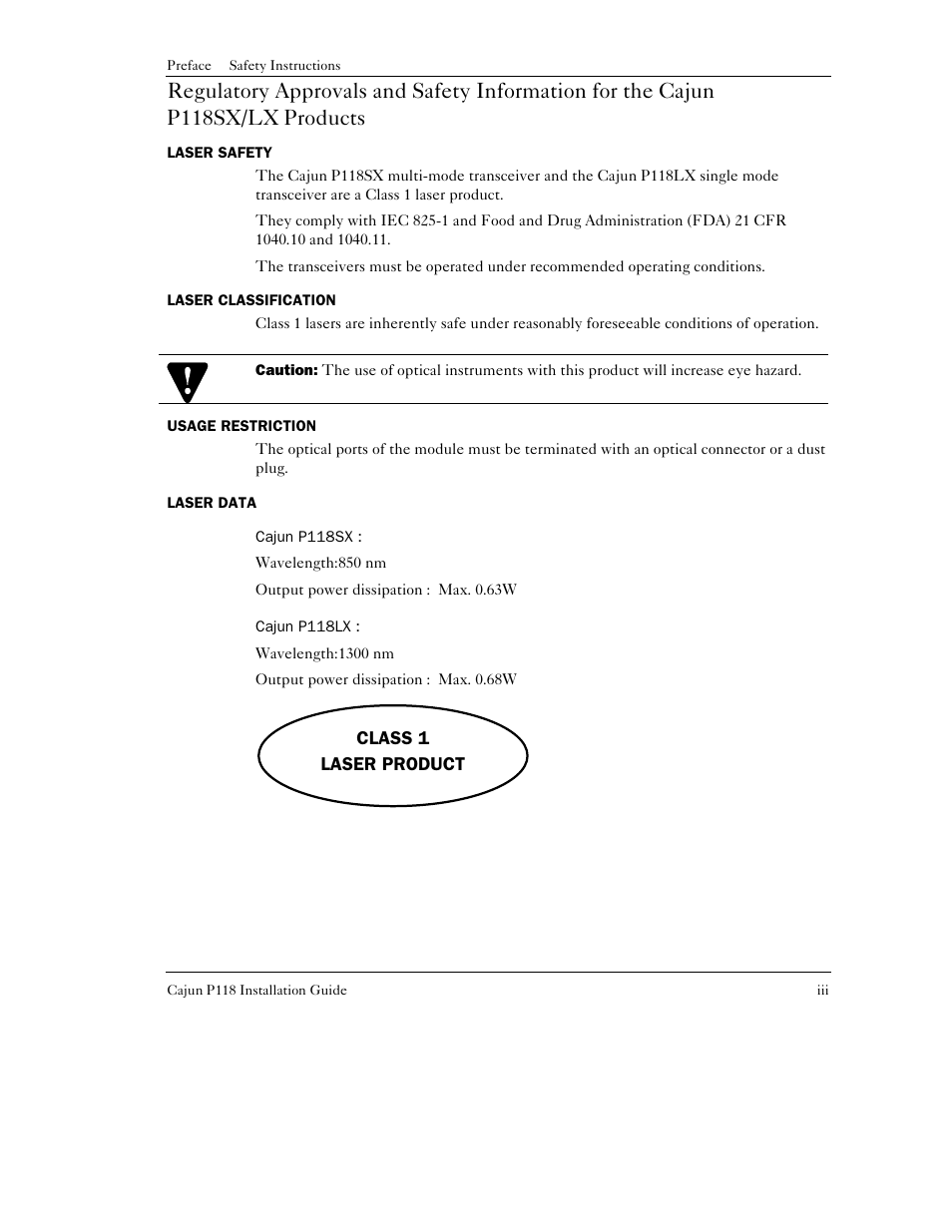 Laser safety, Laser classification, Usage restriction | Laser data, Cajun p118sx, Cajun p118lx | Lucent Technologies P118SX User Manual | Page 5 / 20