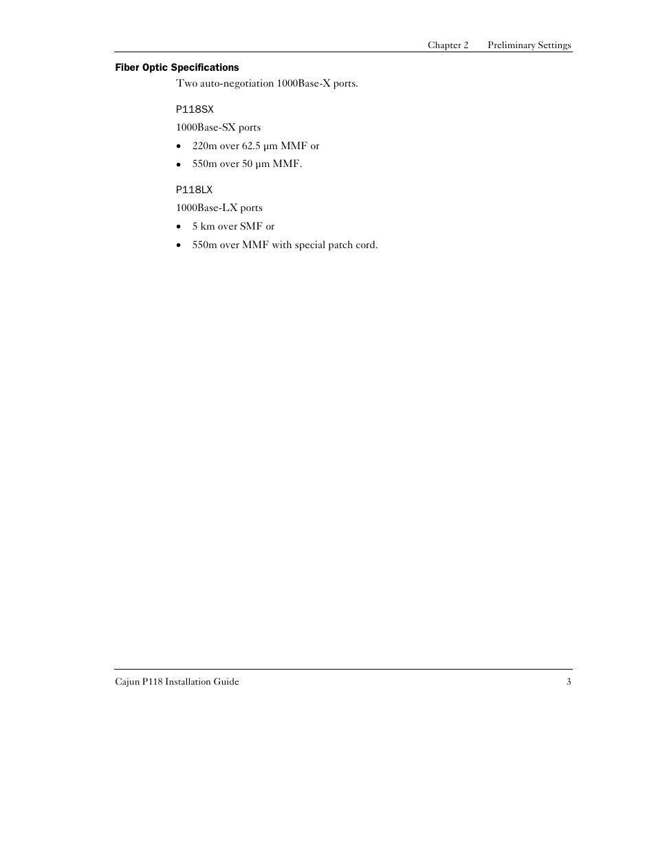 Fiber optic specifications, P118sx, P118lx | Lucent Technologies P118SX User Manual | Page 9 / 20