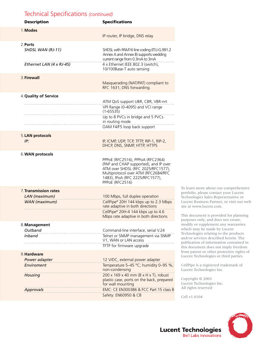 Technical specifications | Lucent Technologies CellPipe 20H-4 User Manual | Page 2 / 2
