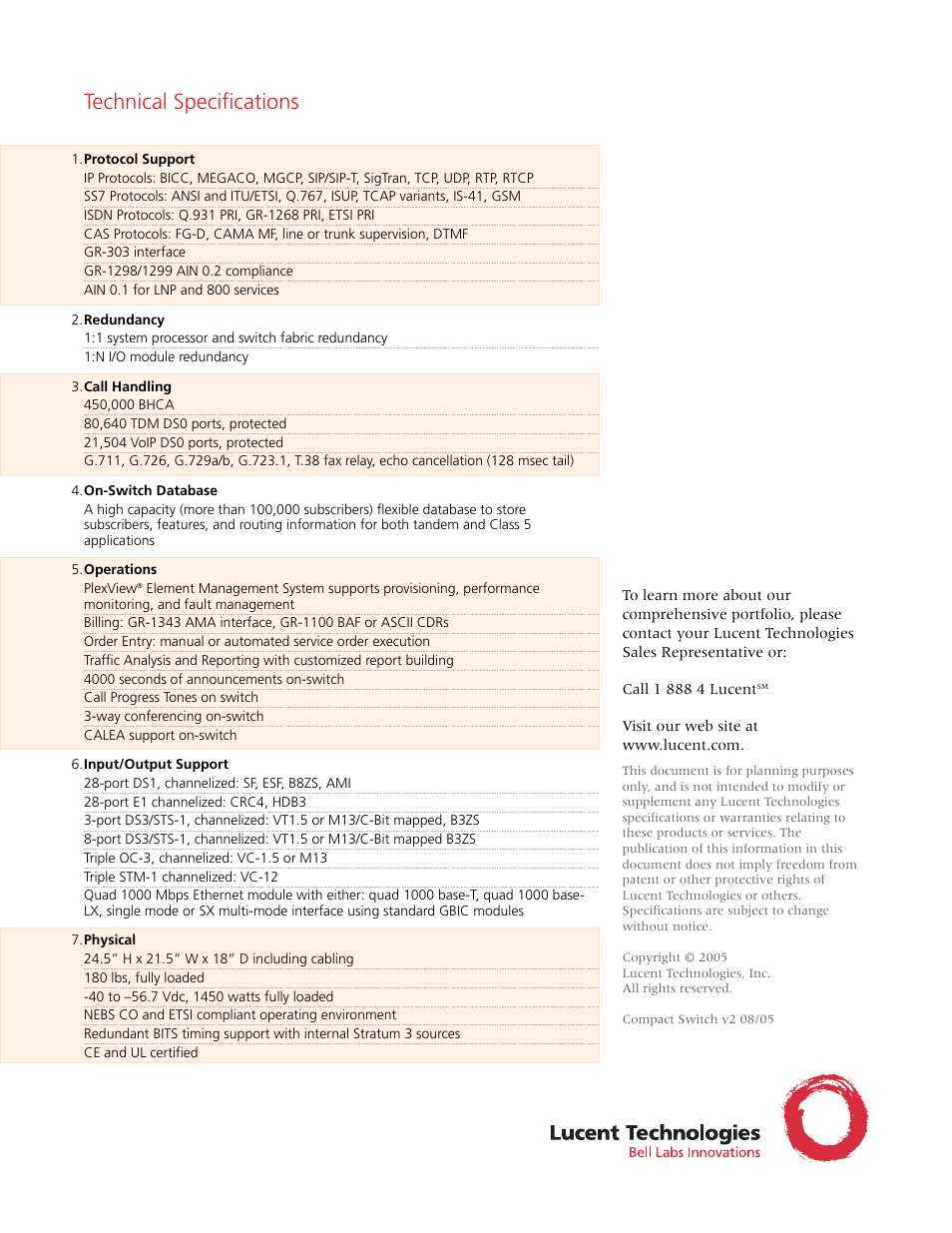 Technical specifications | Lucent Technologies Lucent Compact Switch User Manual | Page 2 / 2