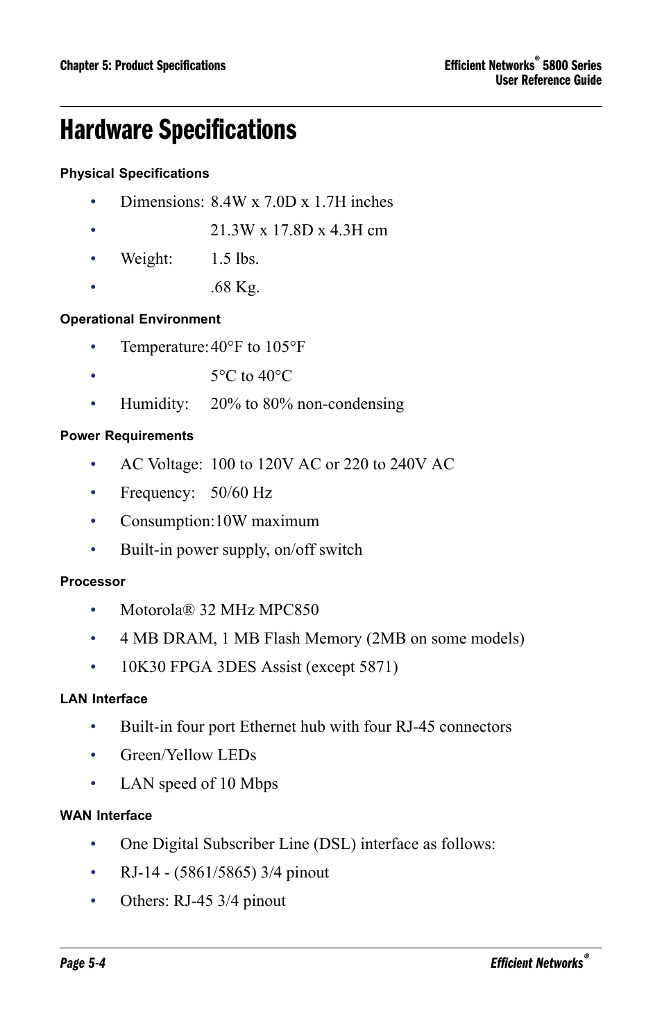 Hardware specifications, Hardware specifications -4 | Lucent Technologies 5800 Series User Manual | Page 62 / 88