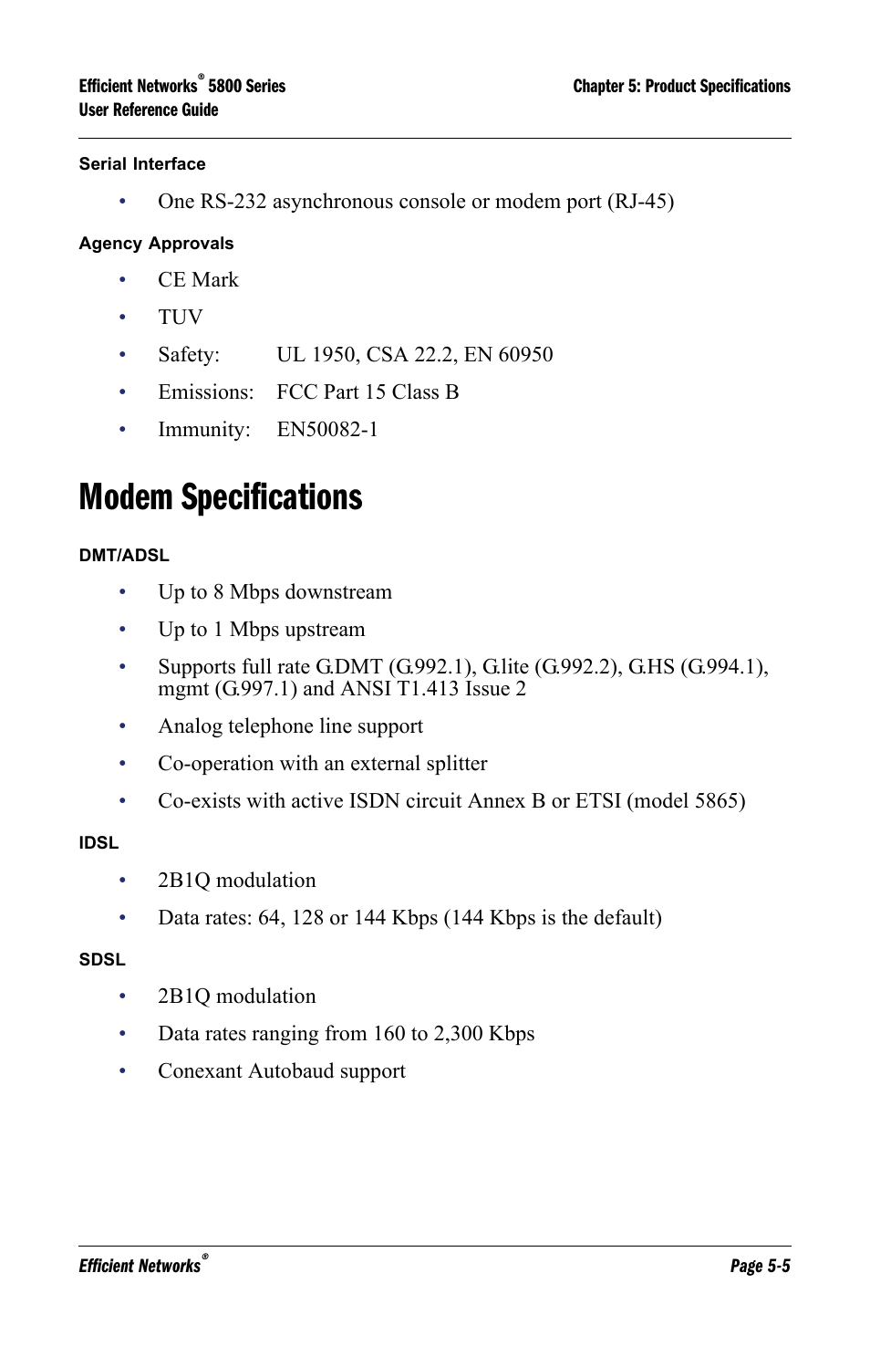 Modem specifications, Modem specifications -5 | Lucent Technologies 5800 Series User Manual | Page 63 / 88