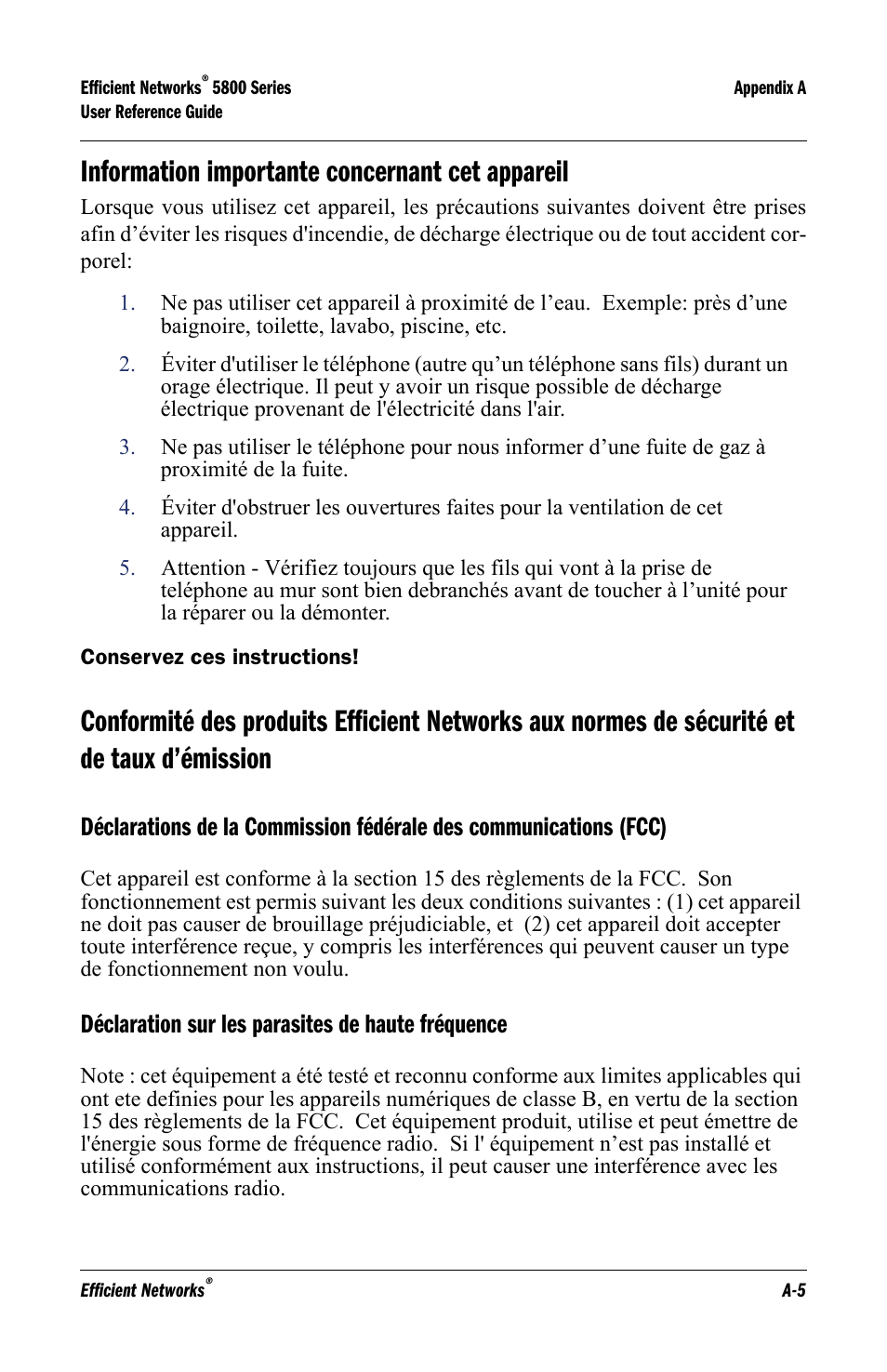 Information importante concernant cet appareil, Déclaration sur les parasites de haute fréquence | Lucent Technologies 5800 Series User Manual | Page 71 / 88