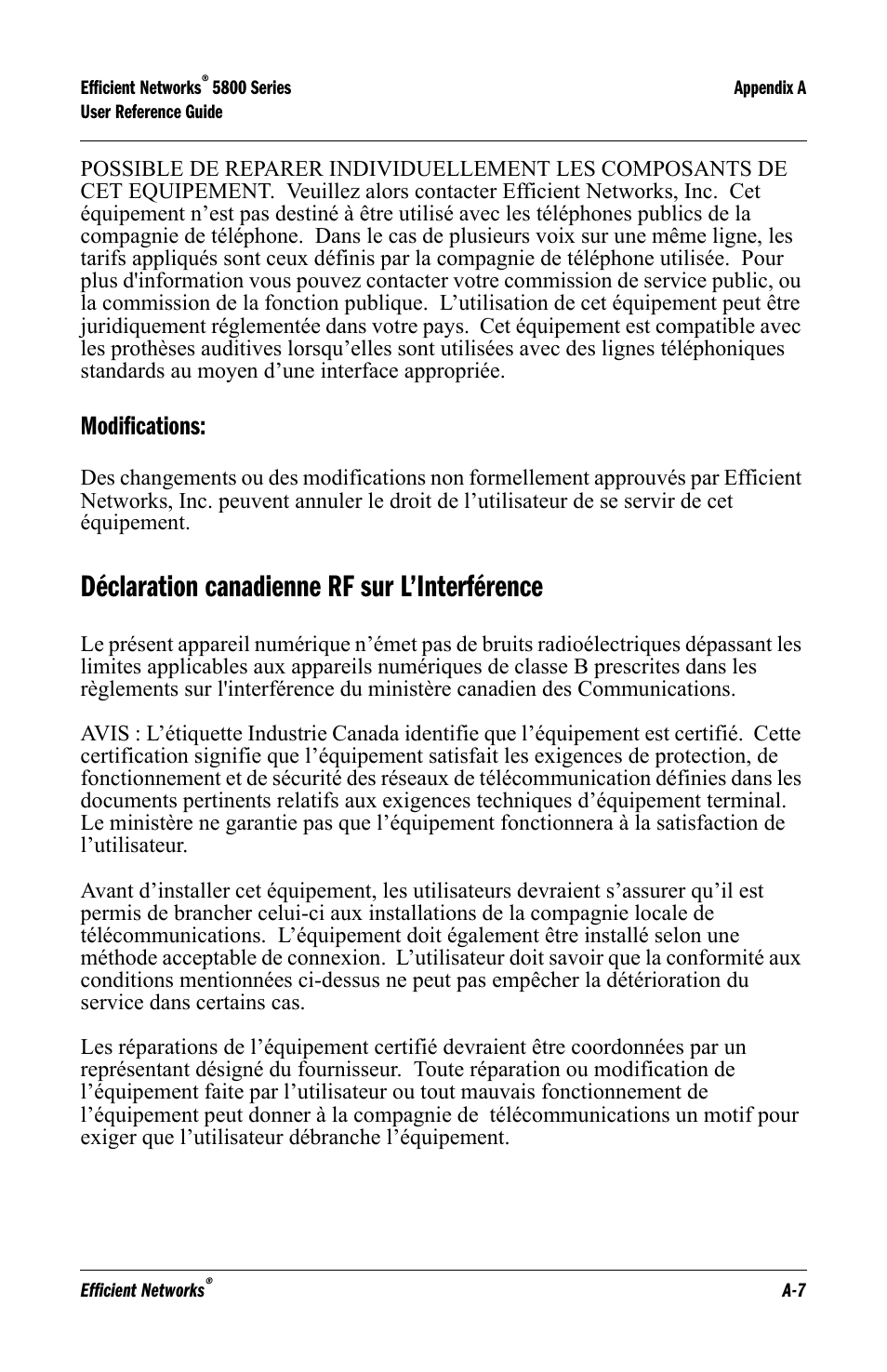 Modifications, Déclaration canadienne rf sur l’interférence | Lucent Technologies 5800 Series User Manual | Page 73 / 88