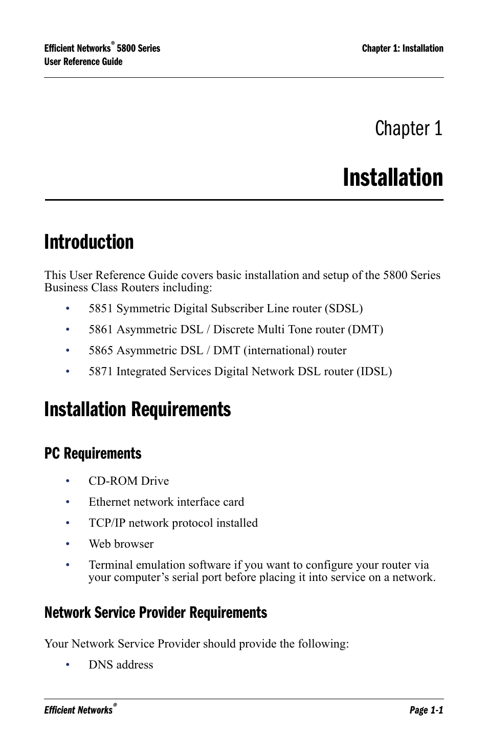 Installation, Introduction, Installation requirements | Pc requirements, Network service provider requirements, Installation -1, Introduction -1 installation requirements -1, Chapter 1 | Lucent Technologies 5800 Series User Manual | Page 9 / 88