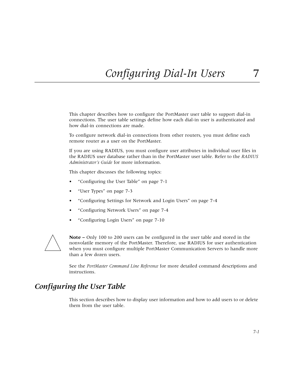 Configuring dial-in users 7, Configuring the user table, Configuring dial-in users | E chapter 7, “configuring dial-in us | Lucent Technologies PortMaster User Manual | Page 115 / 364