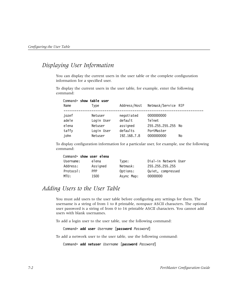 Displaying user information, Adding users to the user table | Lucent Technologies PortMaster User Manual | Page 116 / 364