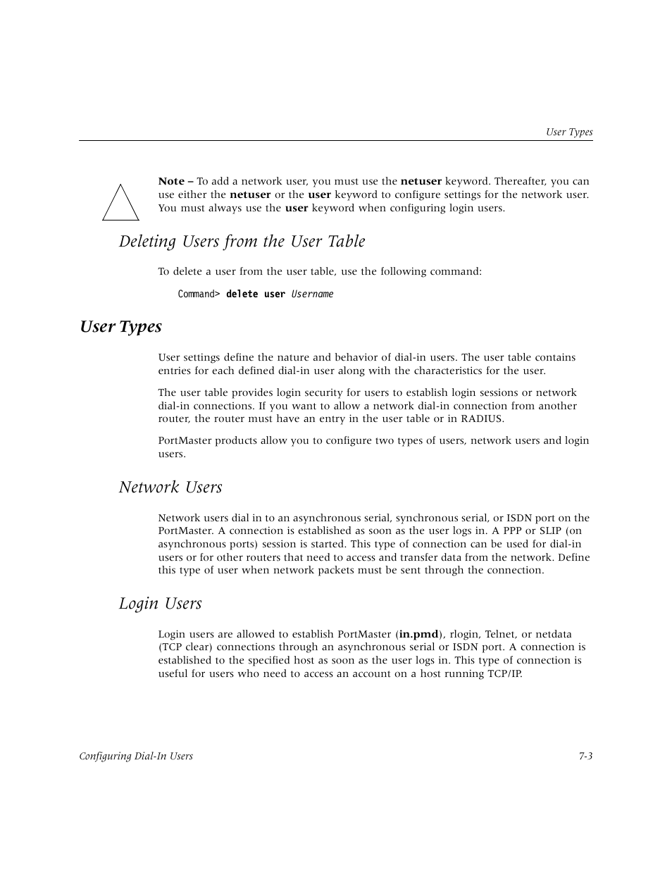 Deleting users from the user table, User types, Network users | Login users, Network users -3 | Lucent Technologies PortMaster User Manual | Page 117 / 364