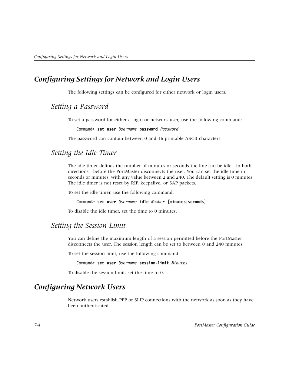Configuring settings for network and login users, Setting a password, Setting the idle timer | Setting the session limit, Configuring network users, Setting the destination netmask | Lucent Technologies PortMaster User Manual | Page 118 / 364
