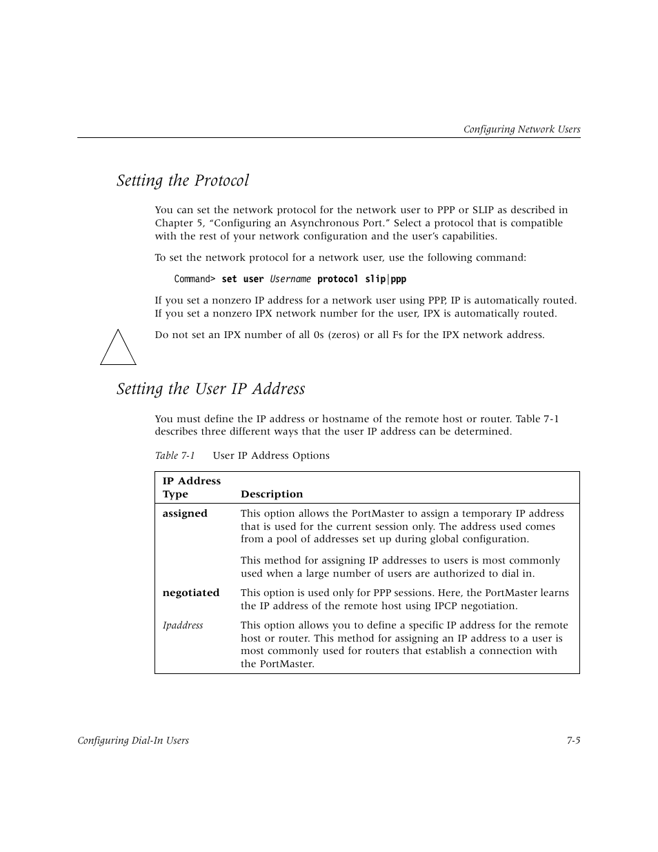 Setting the protocol, Setting the user ip address | Lucent Technologies PortMaster User Manual | Page 119 / 364