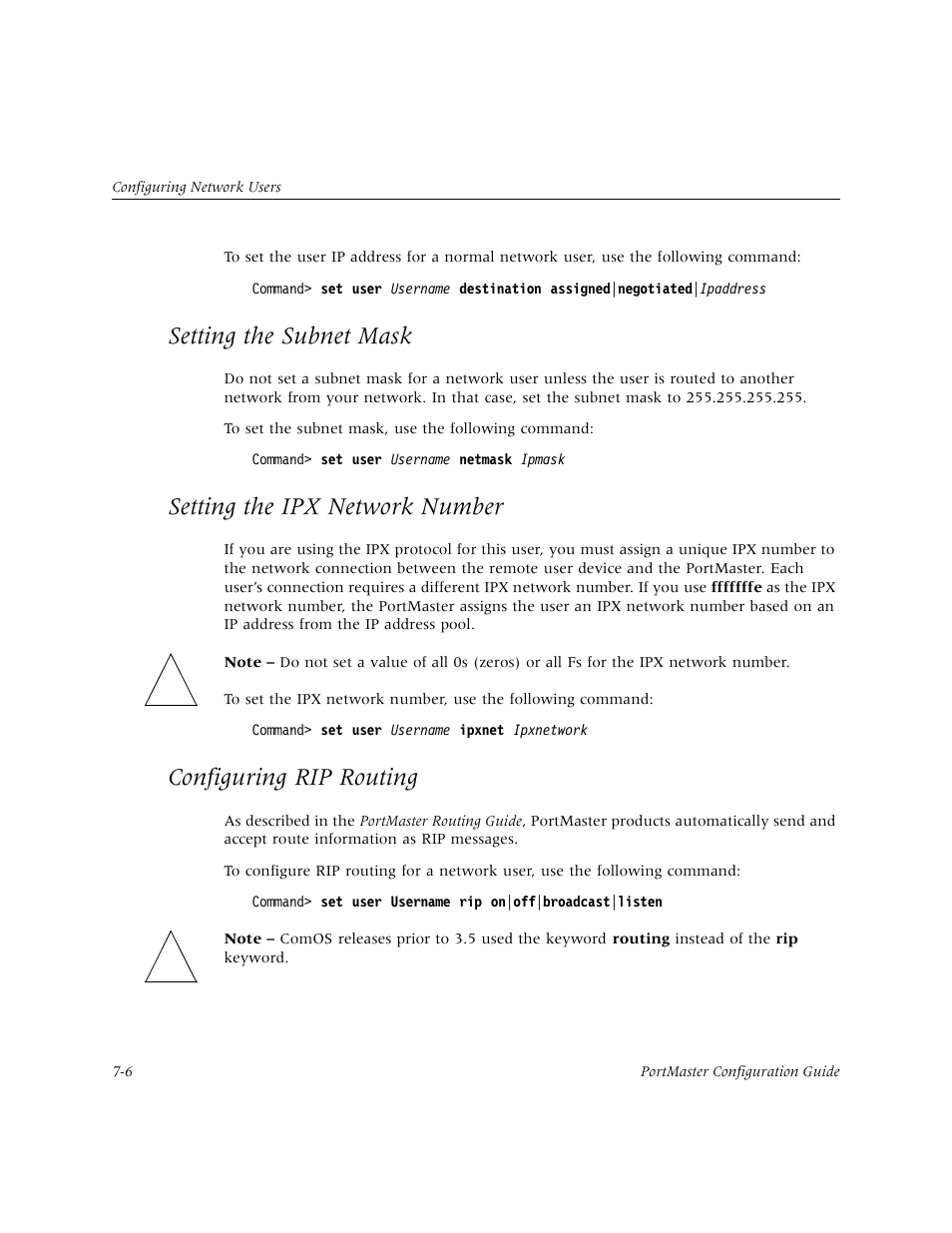 Setting the subnet mask, Setting the ipx network number, Configuring rip routing | Lucent Technologies PortMaster User Manual | Page 120 / 364