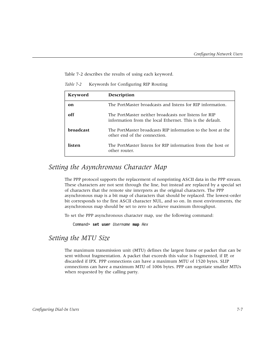 Setting the asynchronous character map, Setting the mtu size | Lucent Technologies PortMaster User Manual | Page 121 / 364