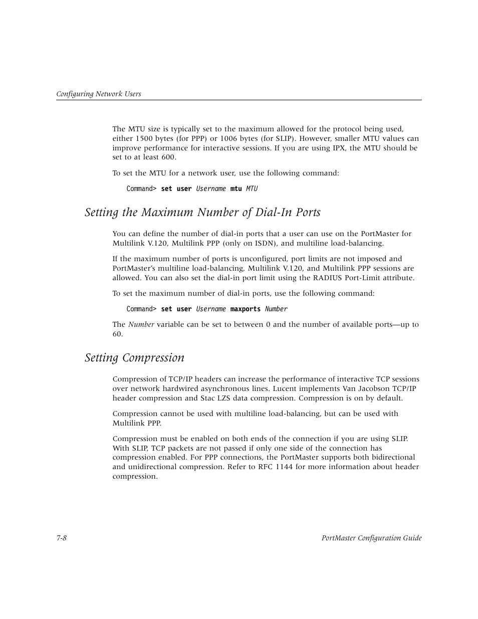 Setting the maximum number of dial-in ports, Setting compression | Lucent Technologies PortMaster User Manual | Page 122 / 364