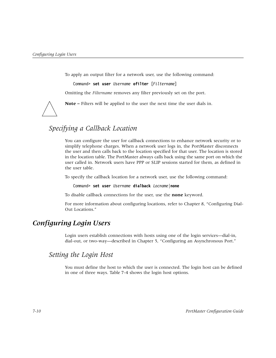 Specifying a callback location, Configuring login users, Setting the login host | Specifying a callback location -10, Configuring login users -10, Setting the login host -10 | Lucent Technologies PortMaster User Manual | Page 124 / 364
