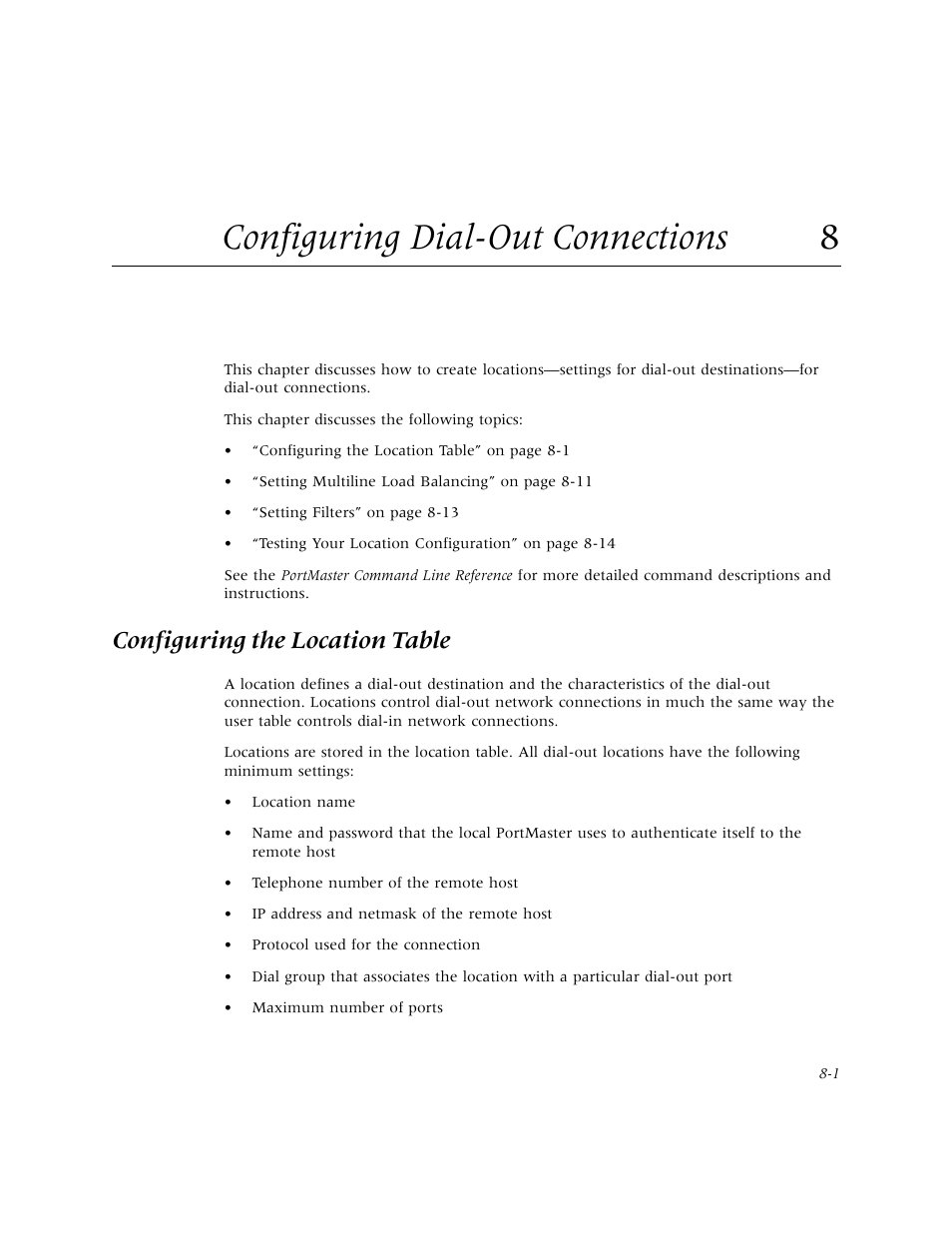 Configuring dial-out connections 8, Configuring the location table, Configuring dial-out connections | Chapter 8, “configuring dial-out connections | Lucent Technologies PortMaster User Manual | Page 129 / 364