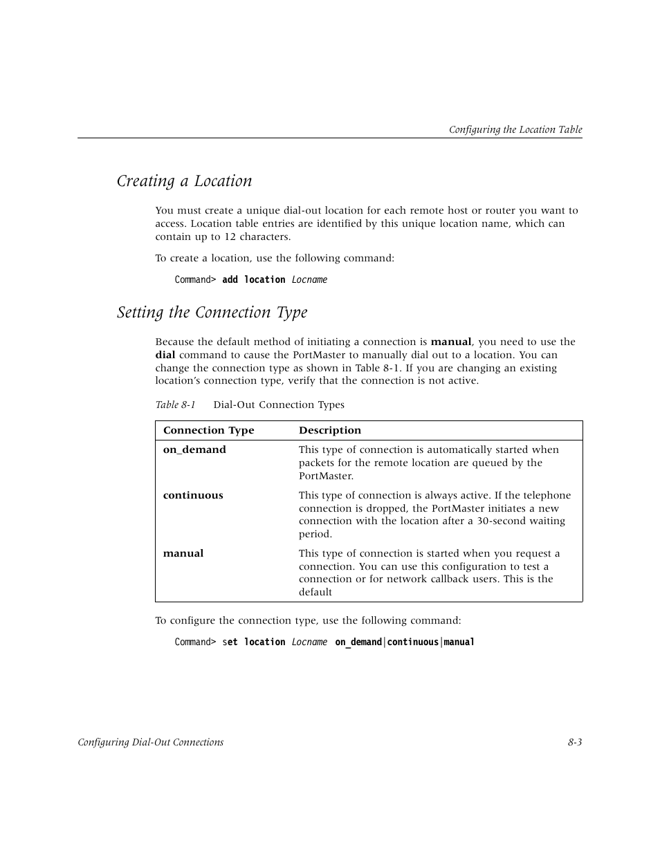 Creating a location, Setting the connection type | Lucent Technologies PortMaster User Manual | Page 131 / 364
