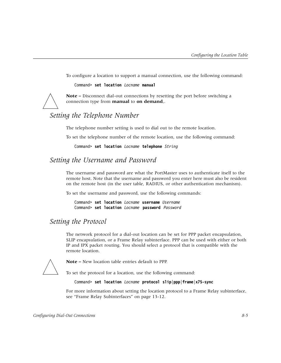Setting the telephone number, Setting the username and password, Setting the protocol | Lucent Technologies PortMaster User Manual | Page 133 / 364