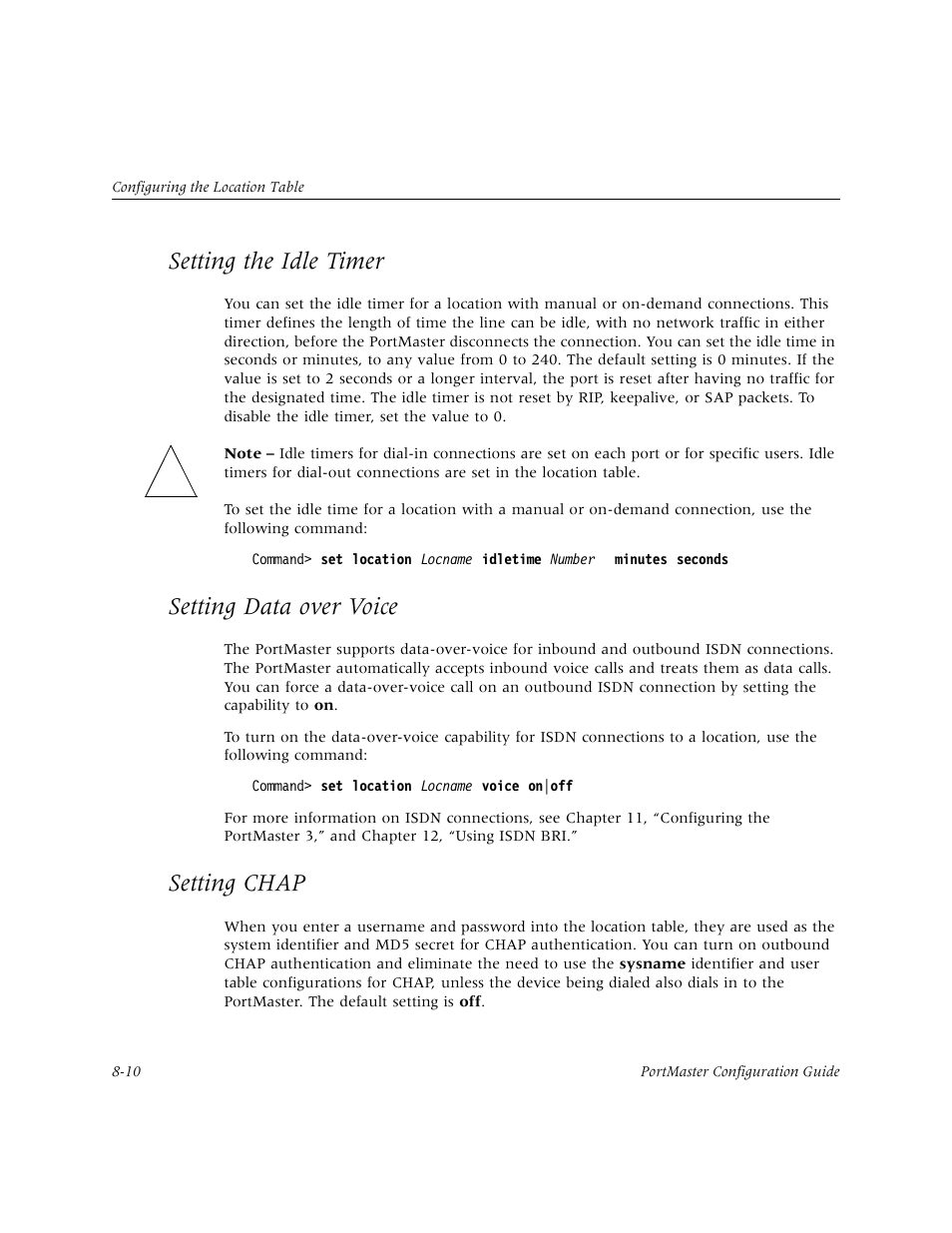 Setting the idle timer, Setting data over voice, Setting chap | Setting the idle timer -10, Setting data over voice -10, Setting chap -10 | Lucent Technologies PortMaster User Manual | Page 138 / 364