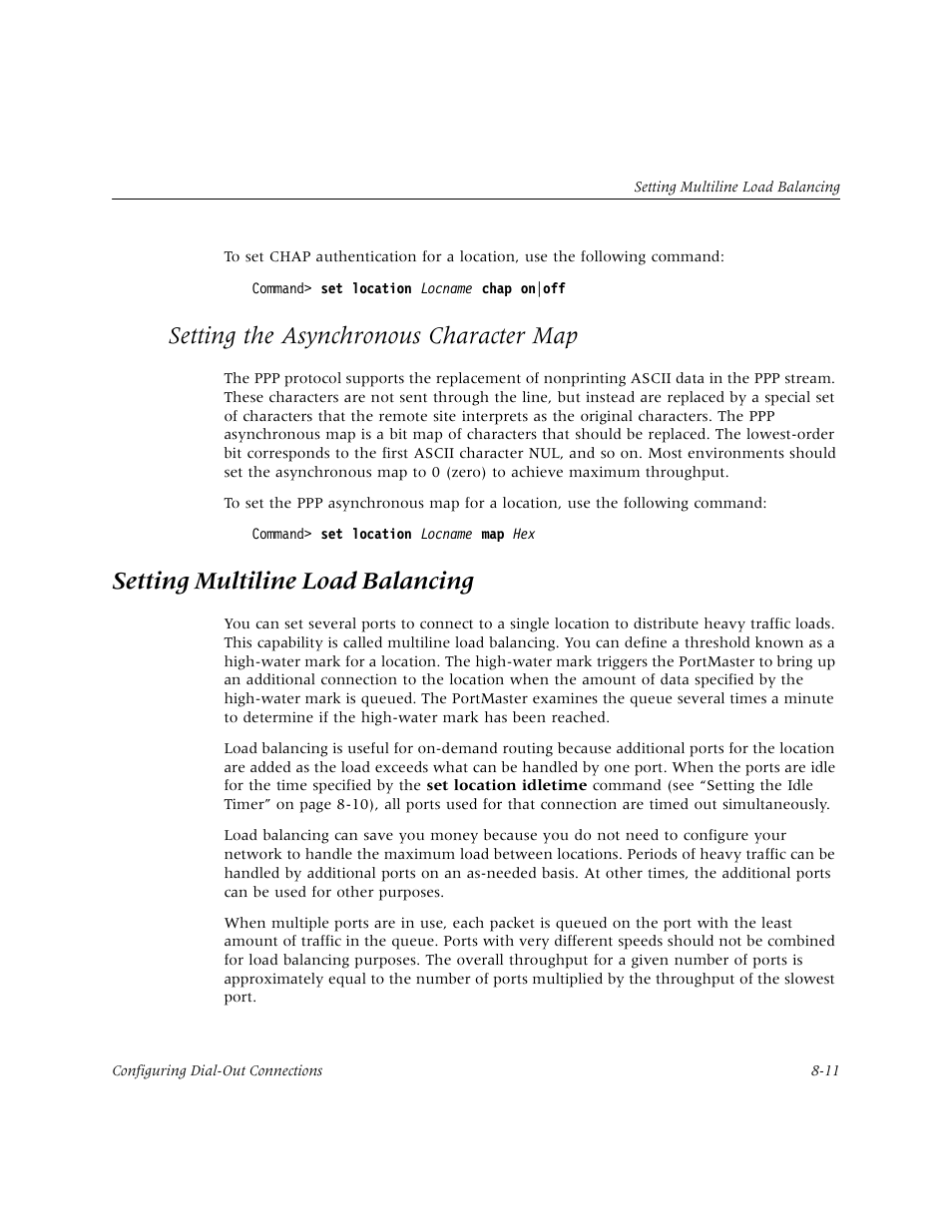 Setting the asynchronous character map, Setting multiline load balancing, Setting the asynchronous character map -11 | Setting multiline load balancing -11 | Lucent Technologies PortMaster User Manual | Page 139 / 364