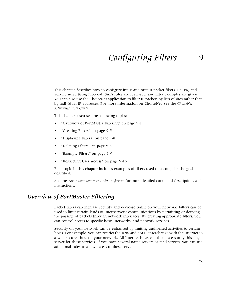 Configuring filters 9, Overview of portmaster filtering, Configuring filters | Chapter 9, “configuring filters | Lucent Technologies PortMaster User Manual | Page 143 / 364