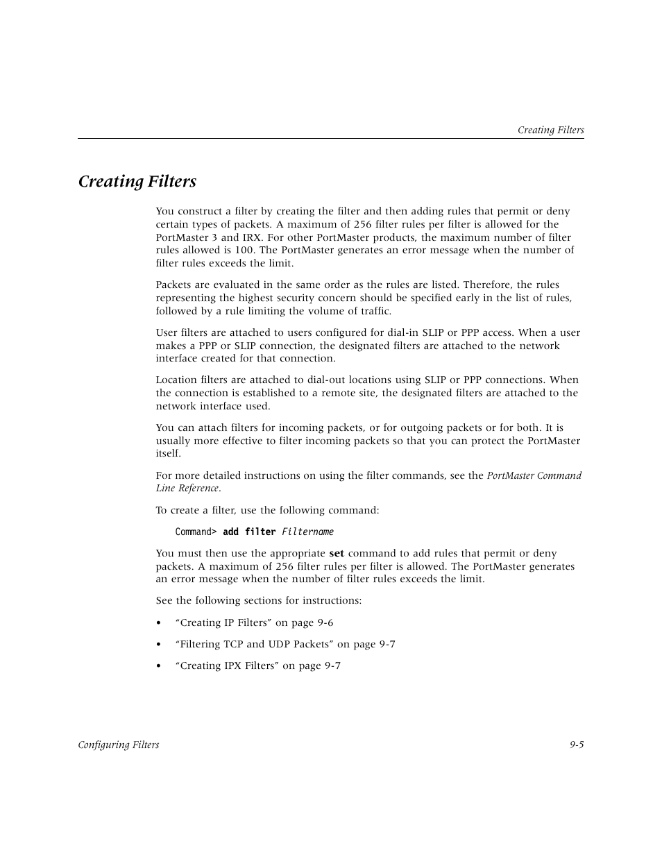 Creating filters | Lucent Technologies PortMaster User Manual | Page 147 / 364