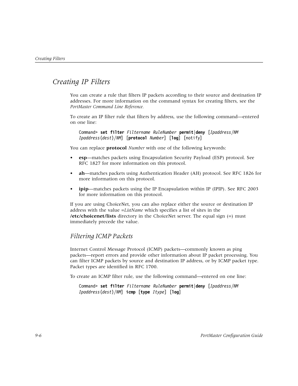 Creating ip filters, Creating ip filters -6, Filtering icmp packets | Lucent Technologies PortMaster User Manual | Page 148 / 364