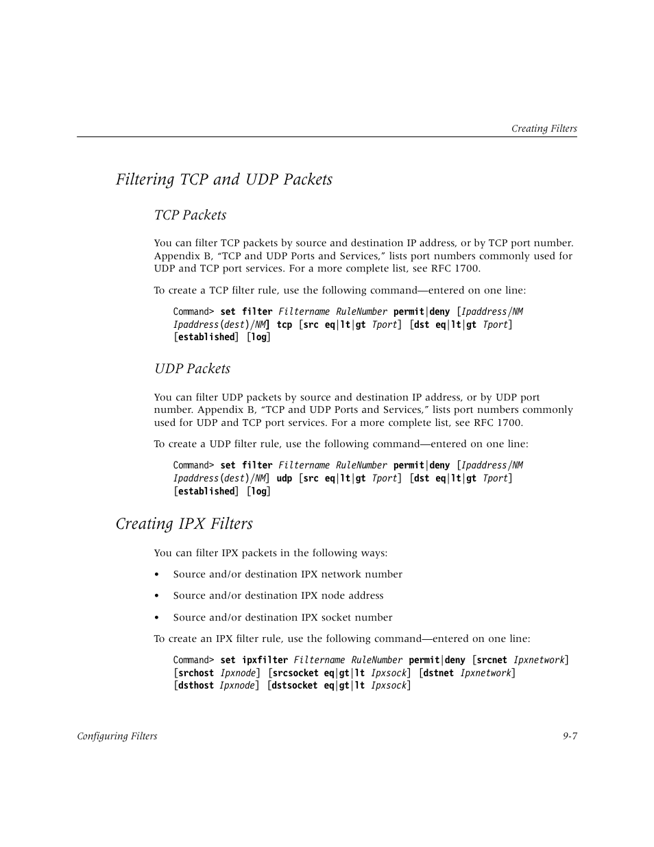 Filtering tcp and udp packets, Creating ipx filters, Tcp packets | Udp packets | Lucent Technologies PortMaster User Manual | Page 149 / 364