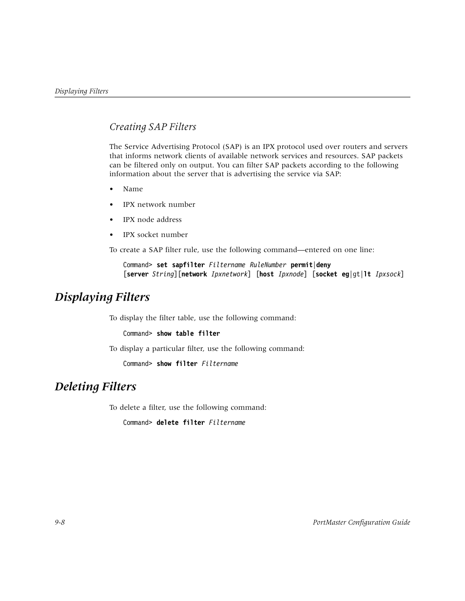 Displaying filters, Deleting filters, Creating sap filters | Lucent Technologies PortMaster User Manual | Page 150 / 364