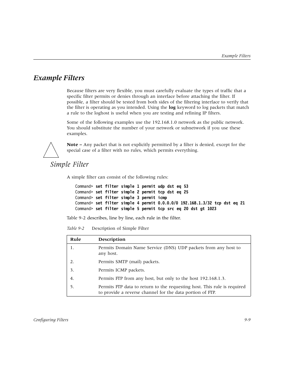 Example filters, Simple filter | Lucent Technologies PortMaster User Manual | Page 151 / 364