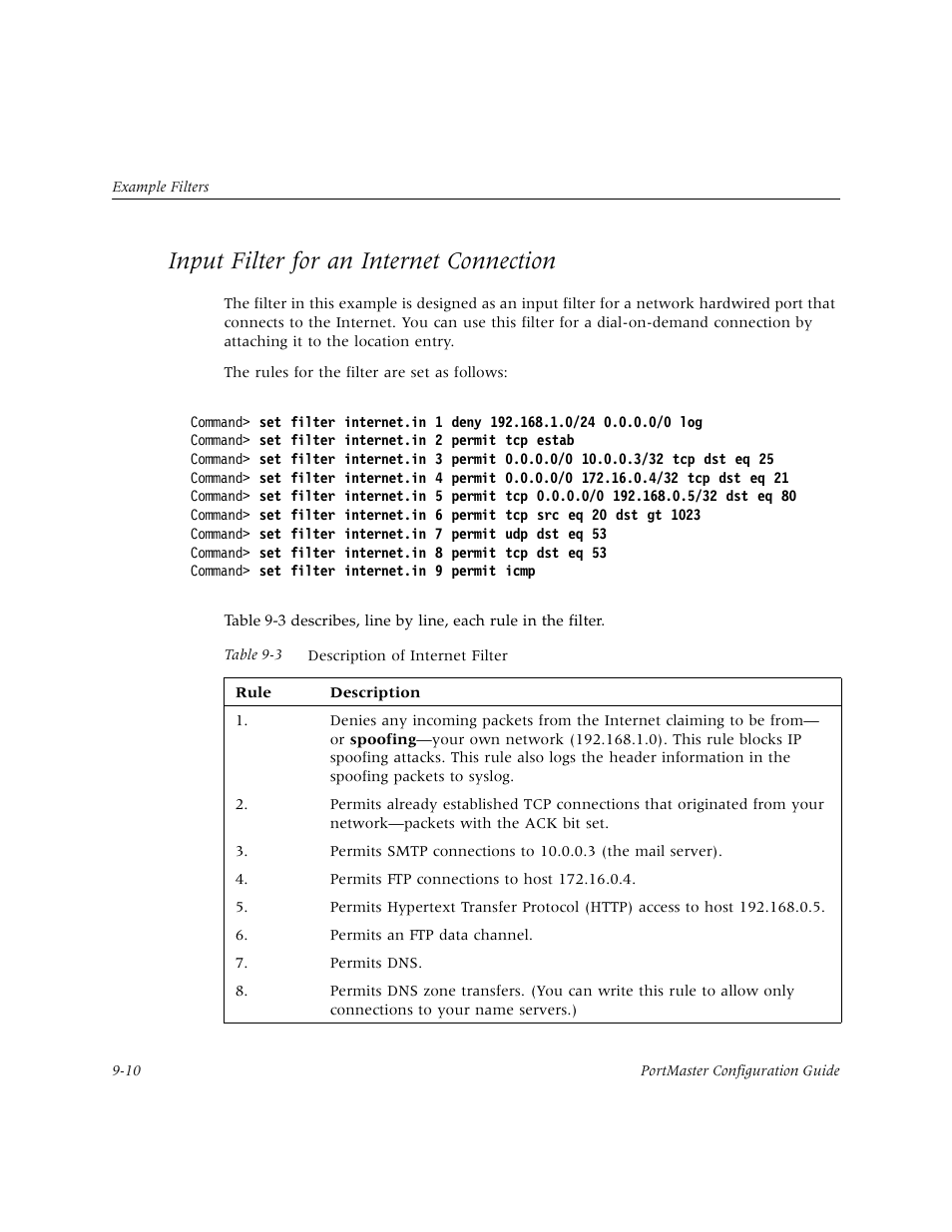 Input filter for an internet connection, Input filter for an internet connection -10 | Lucent Technologies PortMaster User Manual | Page 152 / 364